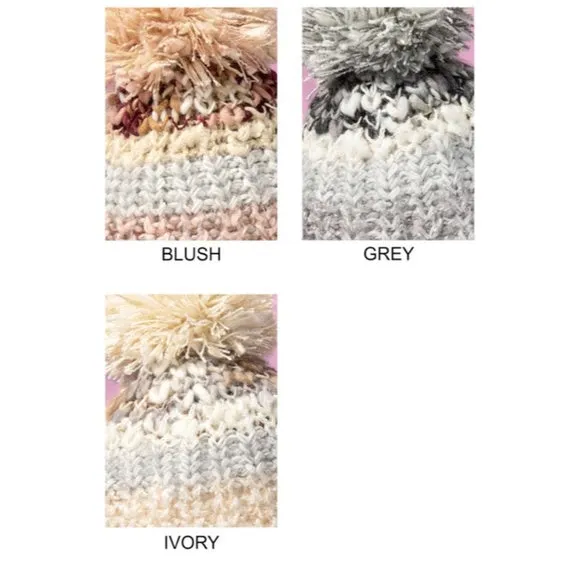 Blush Cozy Knitted Striped Pompom Winter Knit Beanie Women's Hat Casual Gift