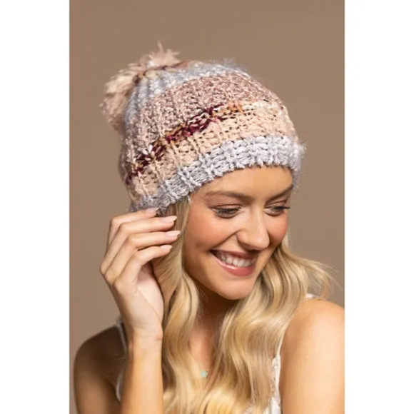 Blush Cozy Knitted Striped Pompom Winter Knit Beanie Women's Hat Casual Gift