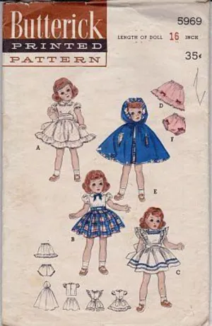 Butterick 5969 Toni Doll Clothes Dress Pinafore Petticoat Cape 16 inch Vintage 50's Sewing Pattern