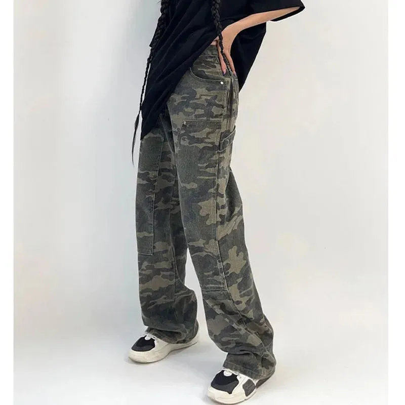 Camouflage Cargo Pants Women Y2K Streetwear Low Rise Jeans Retro Wide Leg Trousers Denim Straight Trousers Harajuku