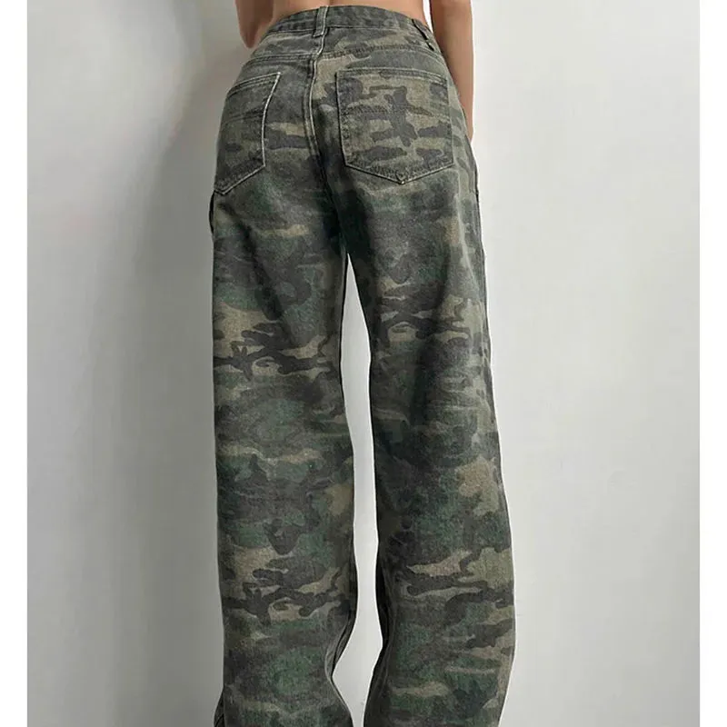 Camouflage Cargo Pants Women Y2K Streetwear Low Rise Jeans Retro Wide Leg Trousers Denim Straight Trousers Harajuku