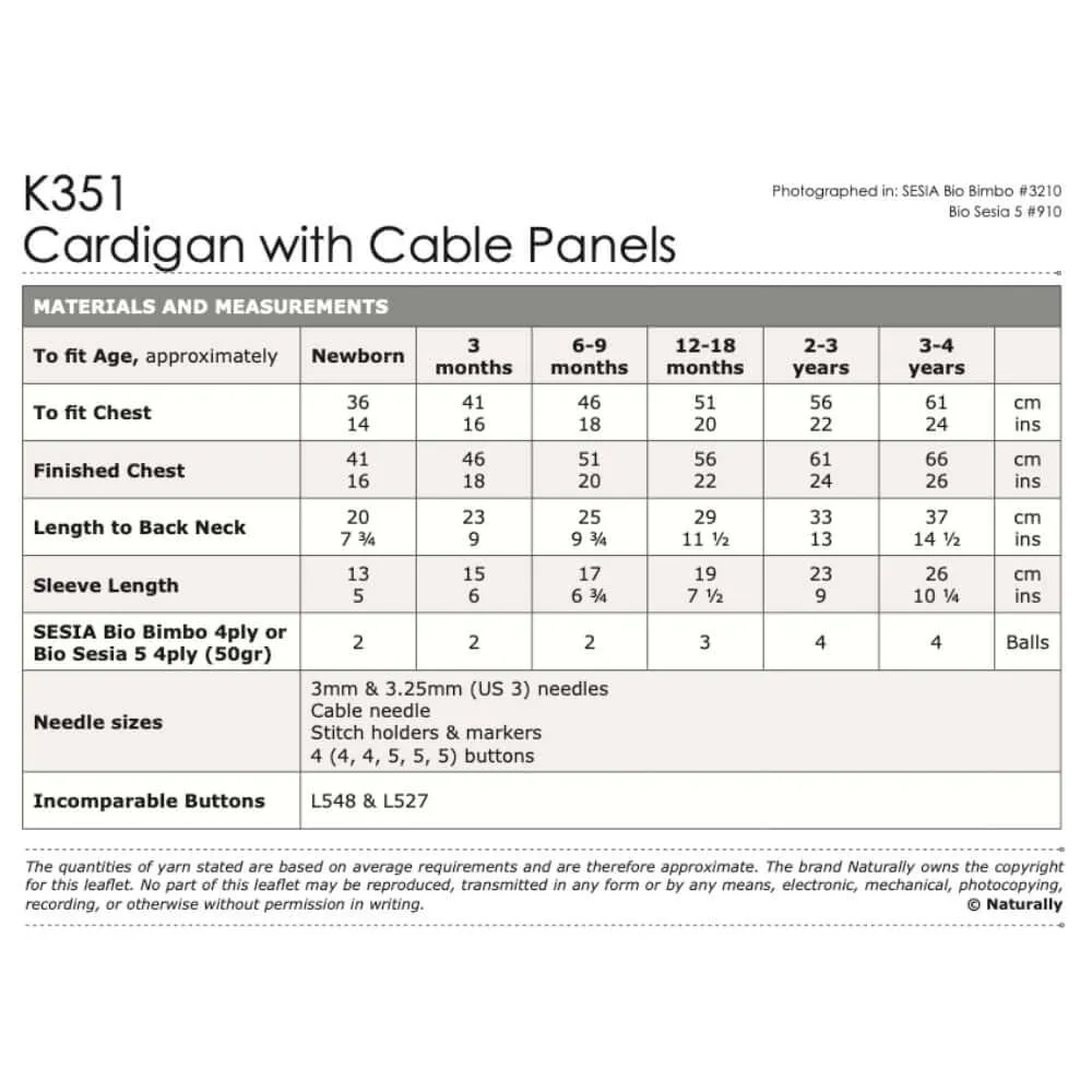 Cardigan with Cable Panels Knitting Pattern (K351)