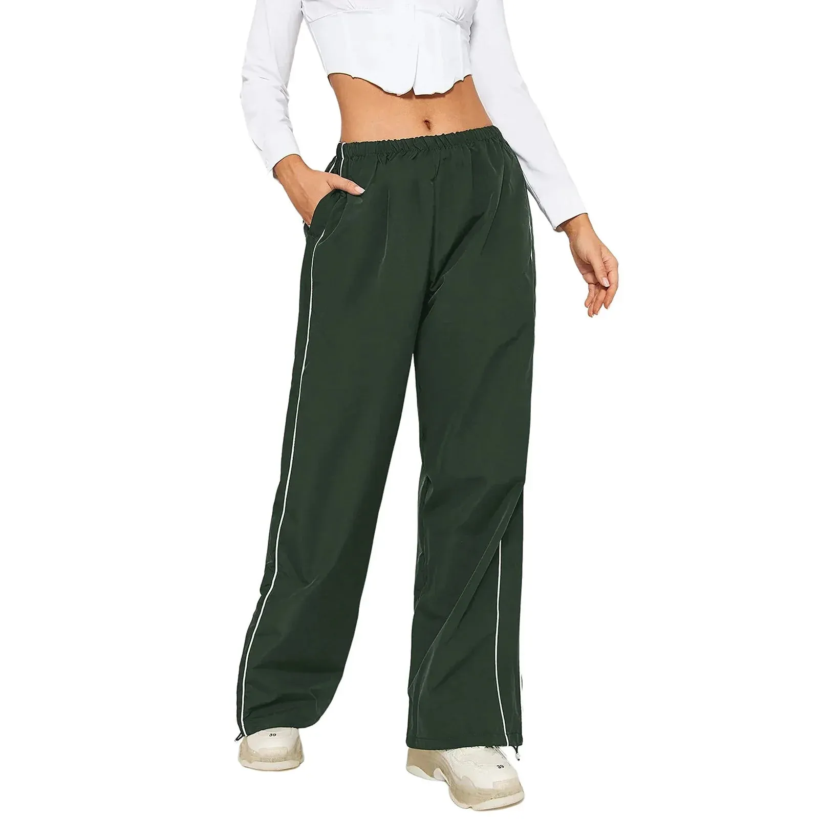 Cargo Casual Solid Color Elastic Waist Wide Leg Joggers Trousers with Pockets for Streetwear Loose Pants