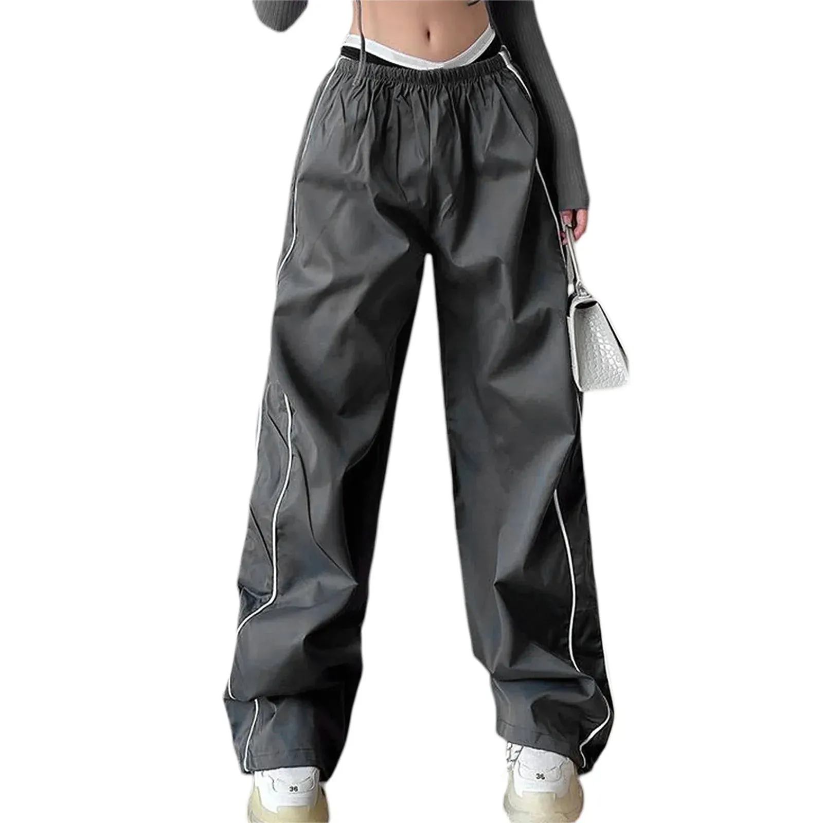 Cargo Casual Solid Color Elastic Waist Wide Leg Joggers Trousers with Pockets for Streetwear Loose Pants