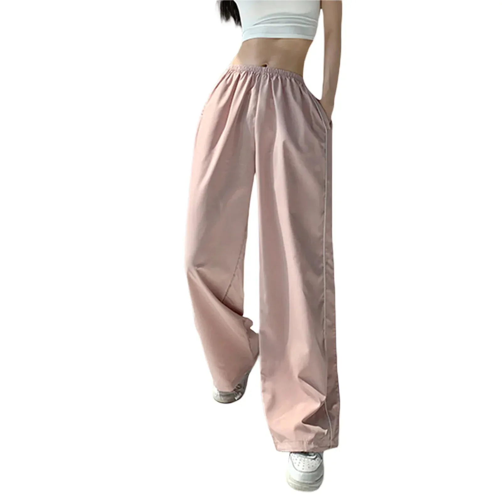 Cargo Casual Solid Color Elastic Waist Wide Leg Joggers Trousers with Pockets for Streetwear Loose Pants
