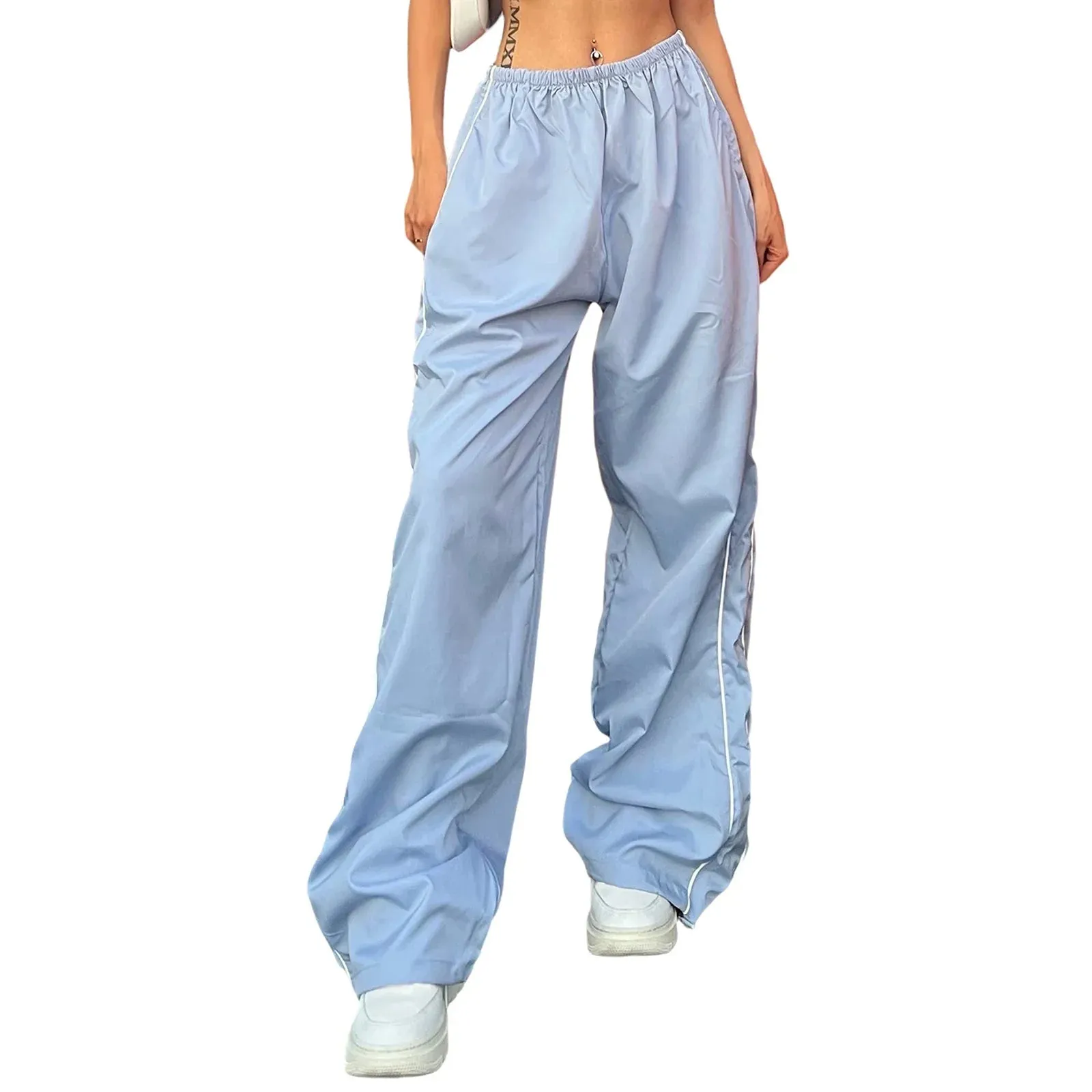 Cargo Casual Solid Color Elastic Waist Wide Leg Joggers Trousers with Pockets for Streetwear Loose Pants