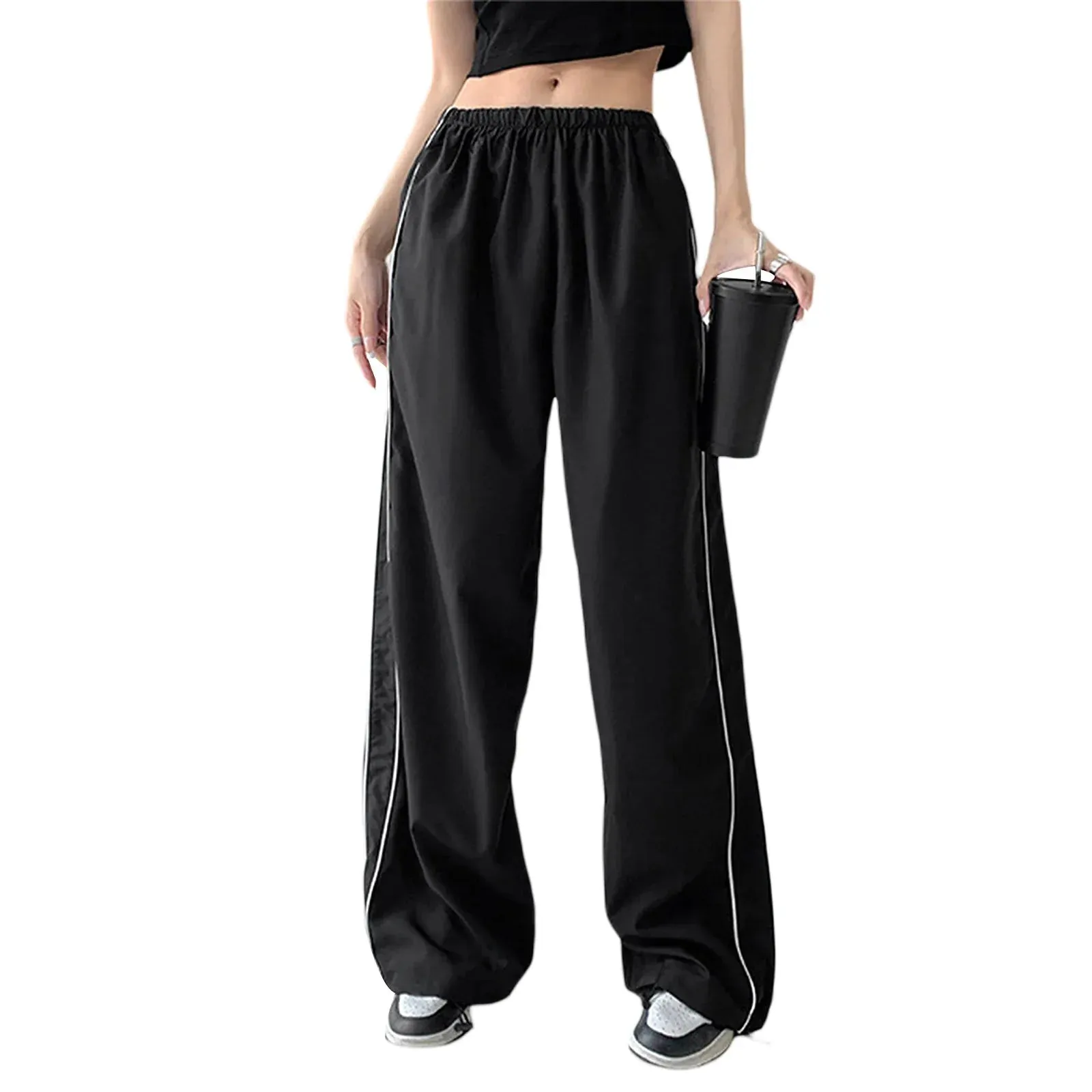 Cargo Casual Solid Color Elastic Waist Wide Leg Joggers Trousers with Pockets for Streetwear Loose Pants