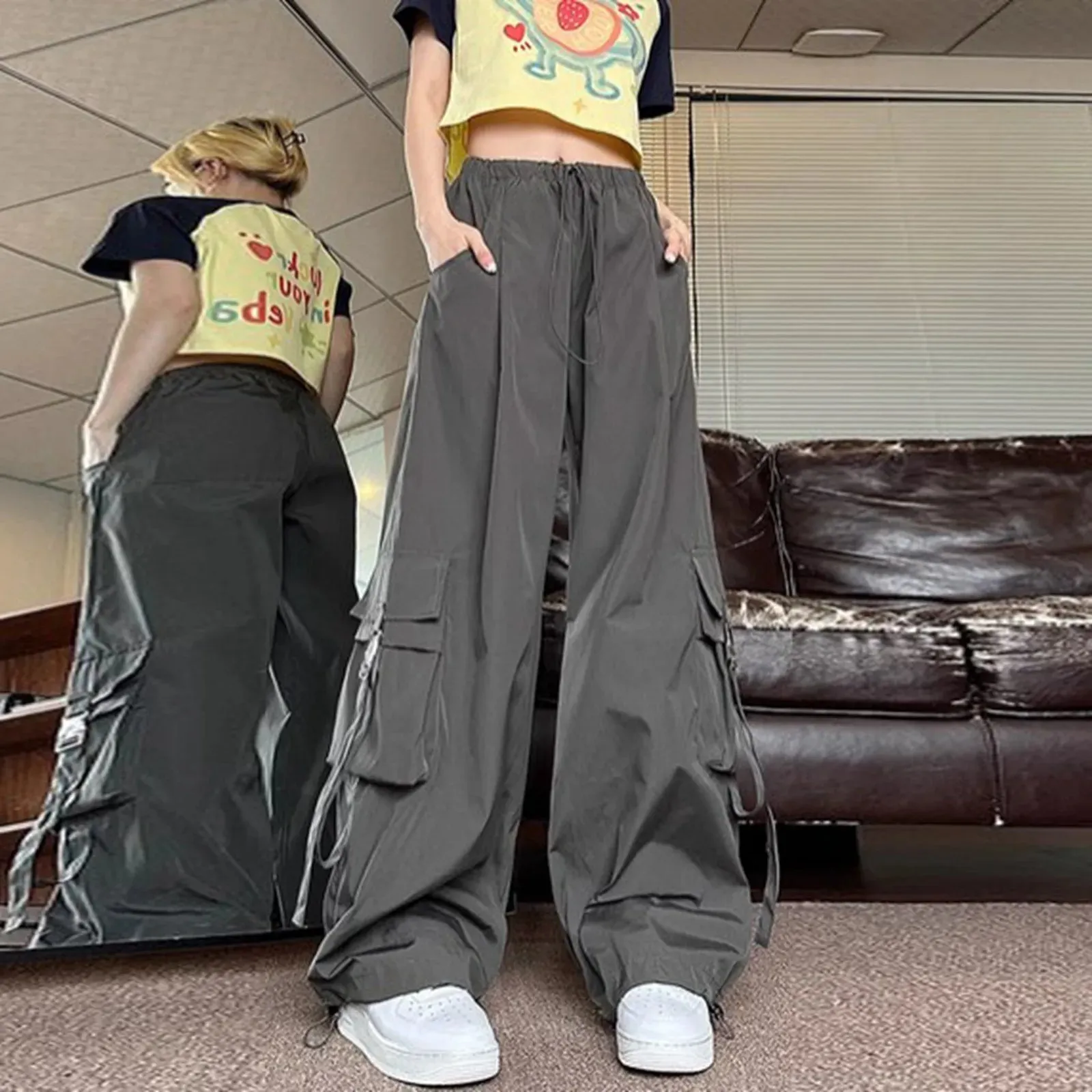 Cargo Streetwear Hip Hop Joggers Casual Baggy Solid Color Sweat Drawstring Loose Wide Leg Women‘s Pants