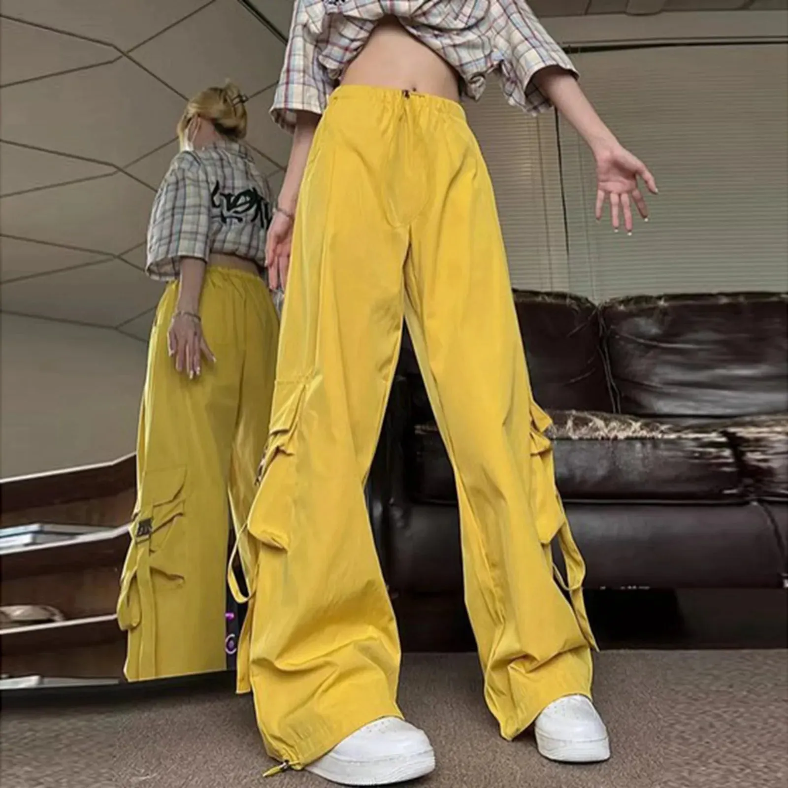 Cargo Streetwear Hip Hop Joggers Casual Baggy Solid Color Sweat Drawstring Loose Wide Leg Women‘s Pants