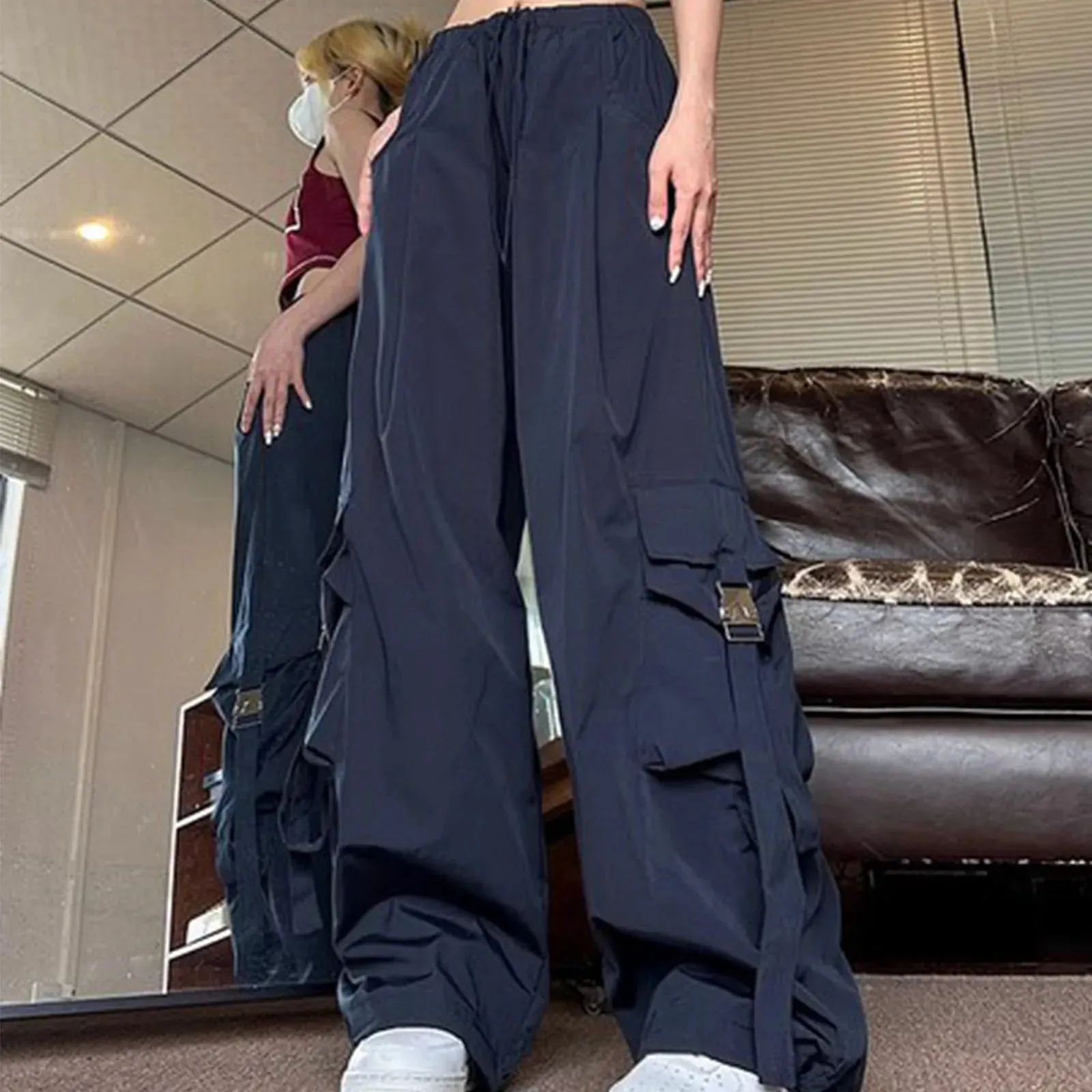 Cargo Streetwear Hip Hop Joggers Casual Baggy Solid Color Sweat Drawstring Loose Wide Leg Women‘s Pants