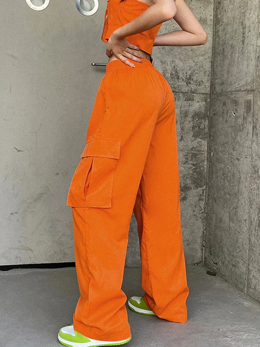 Casual Elastic Waist Baggy Straight Leg Trousers Streetwear With Pockets Cargo Pants