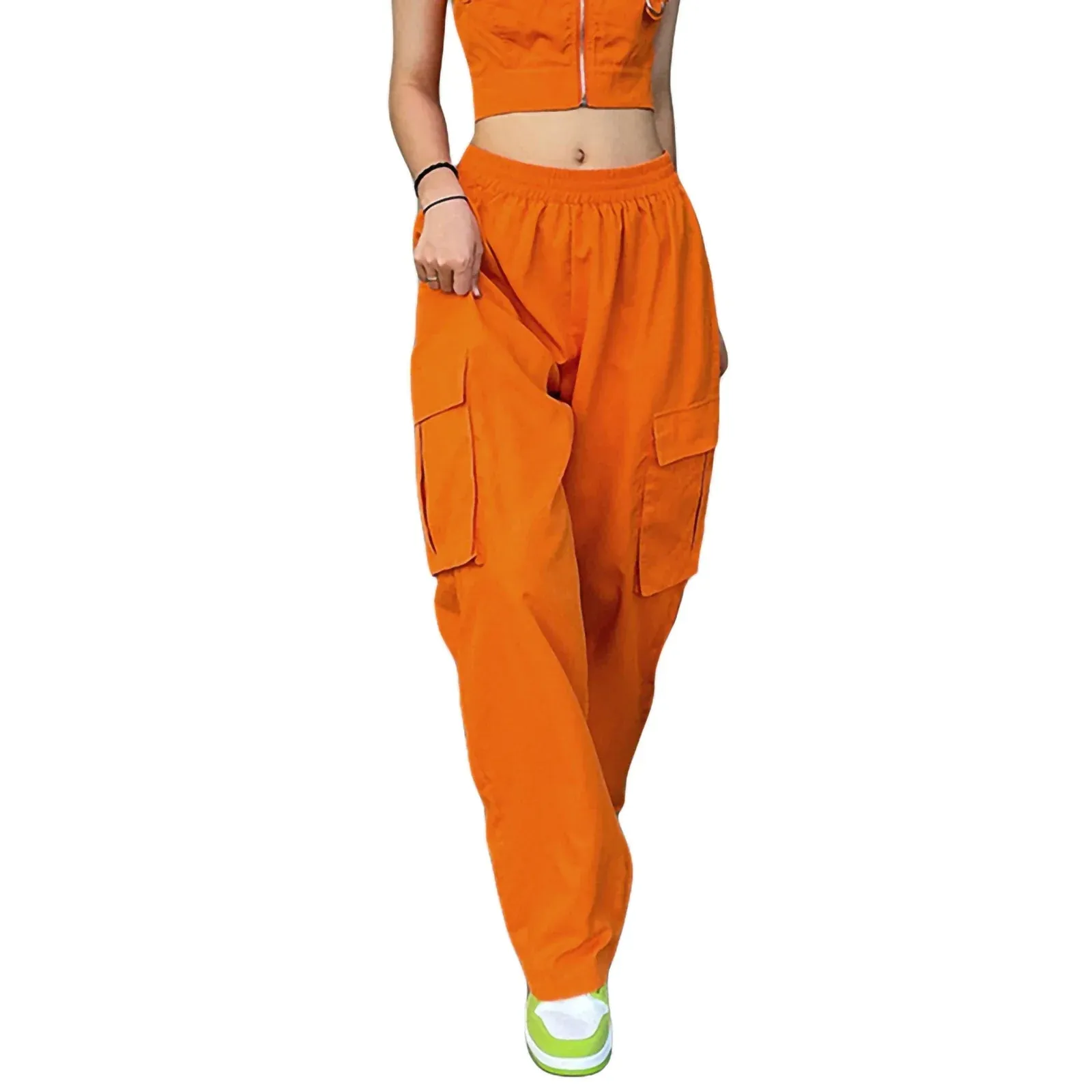 Casual Elastic Waist Baggy Straight Leg Trousers Streetwear With Pockets Cargo Pants