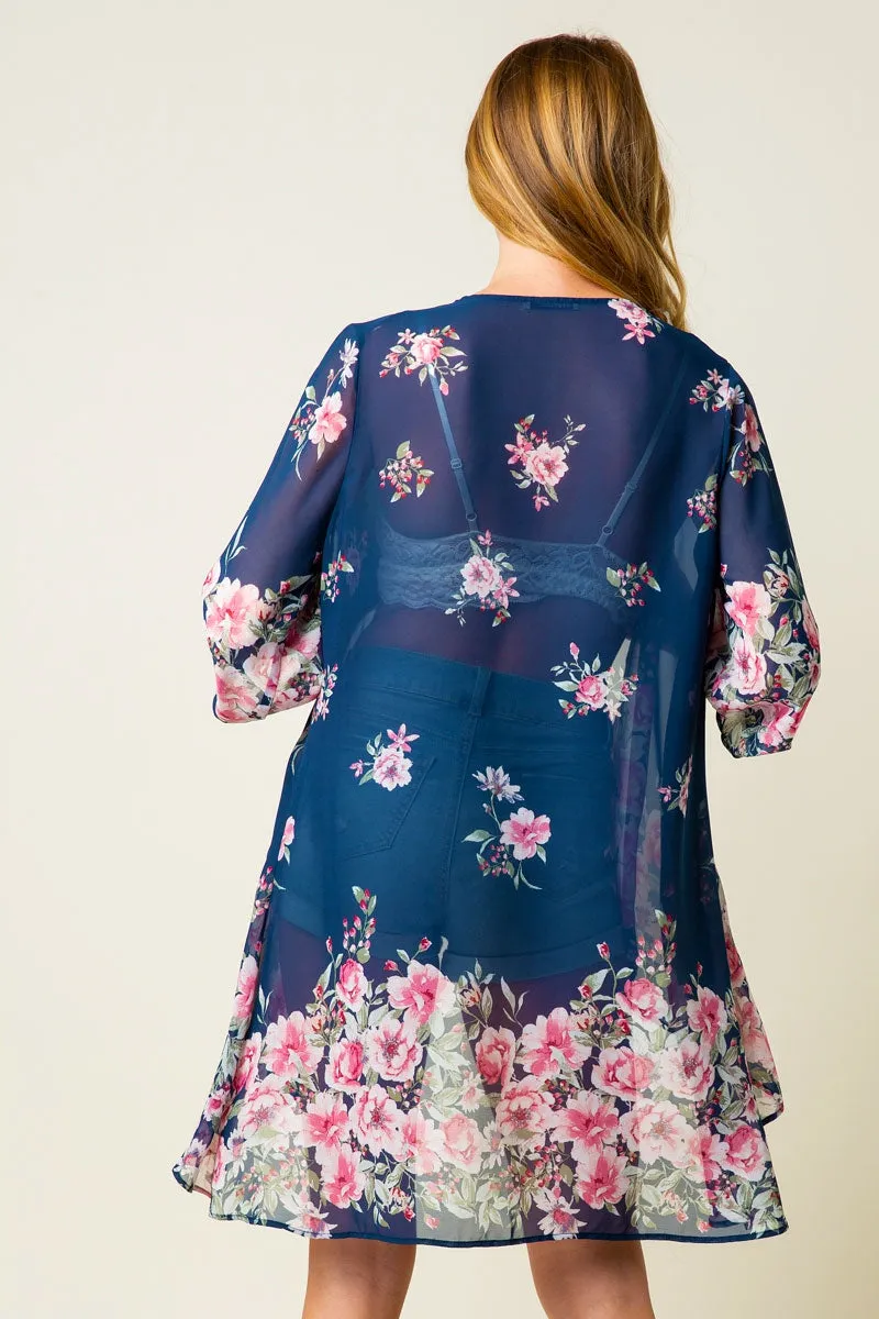 Chiffon open cardigan kimono with all-over floral print