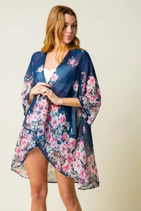 Chiffon open cardigan kimono with all-over floral print