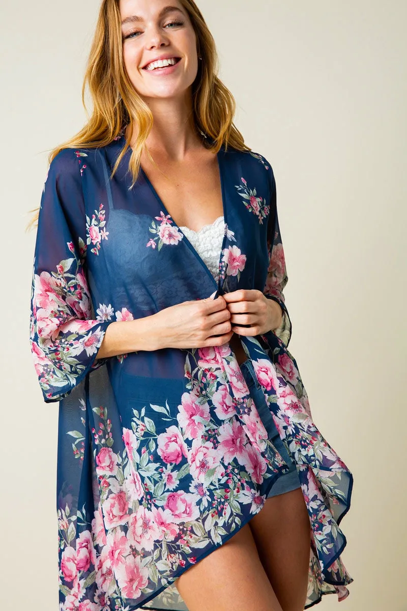 Chiffon open cardigan kimono with all-over floral print