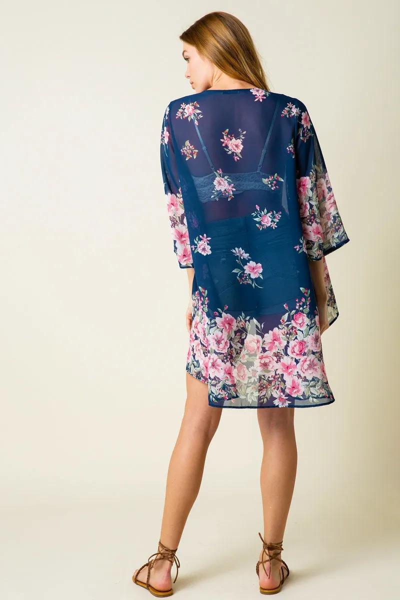 Chiffon open cardigan kimono with all-over floral print