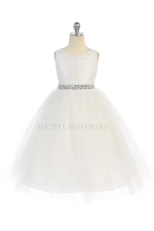 D3245 White Lace & Tulle Dress w/ Rhinestone Belt