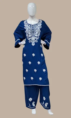 Deep Blue Embroidered Kurti Top & Pants