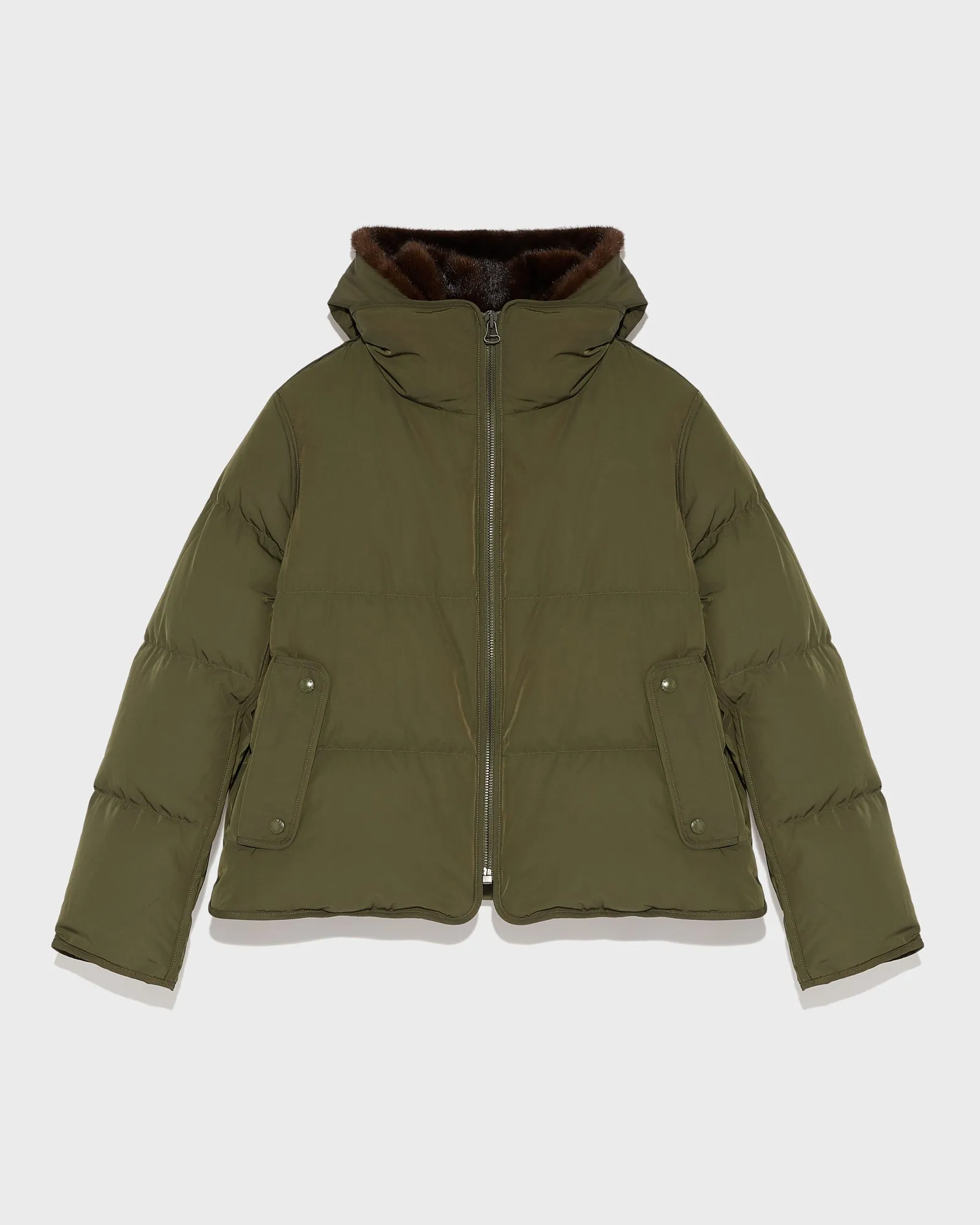 Doudoune "A" line en tissu technique et plastron à capuche en vison à poils longs