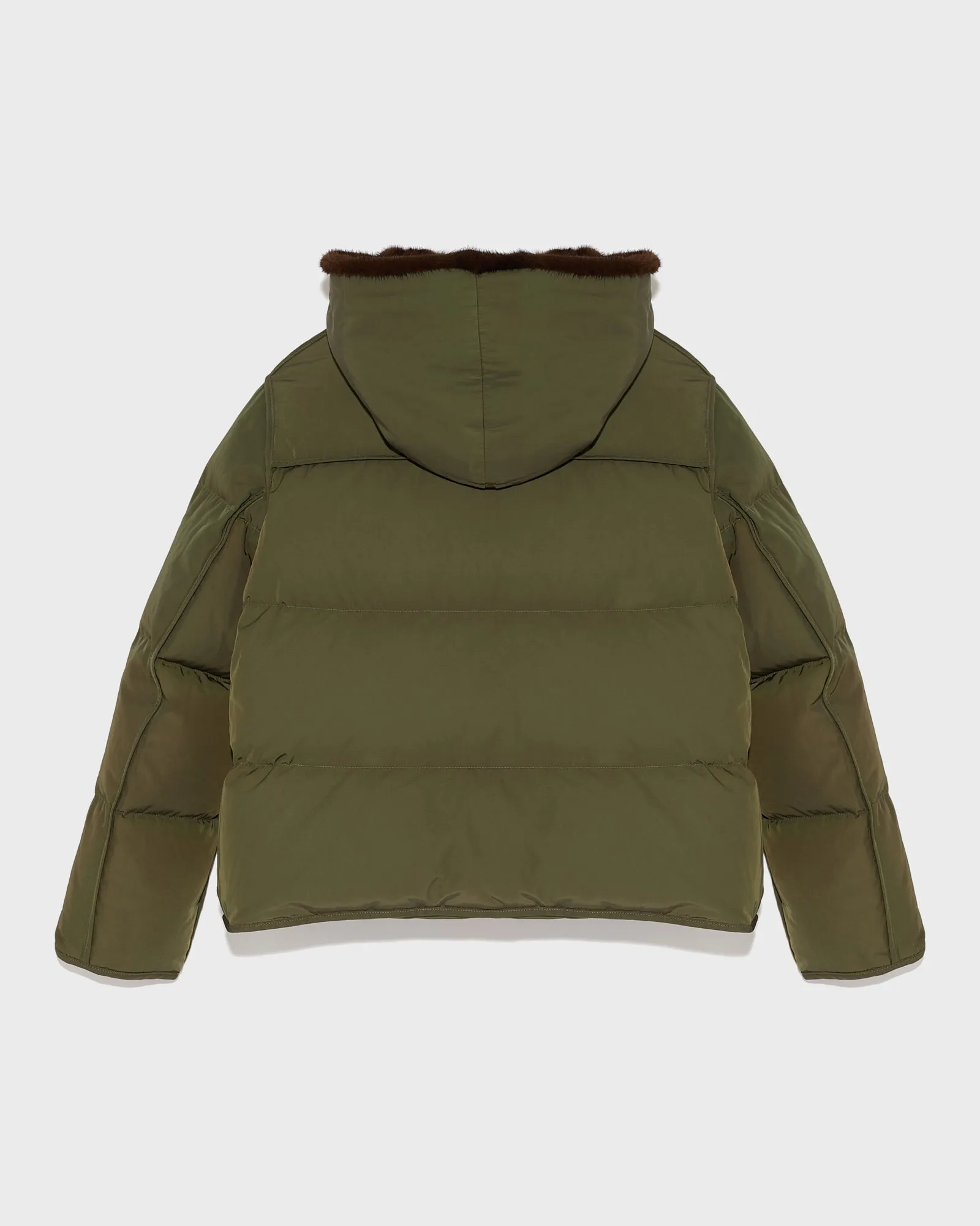 Doudoune "A" line en tissu technique et plastron à capuche en vison à poils longs