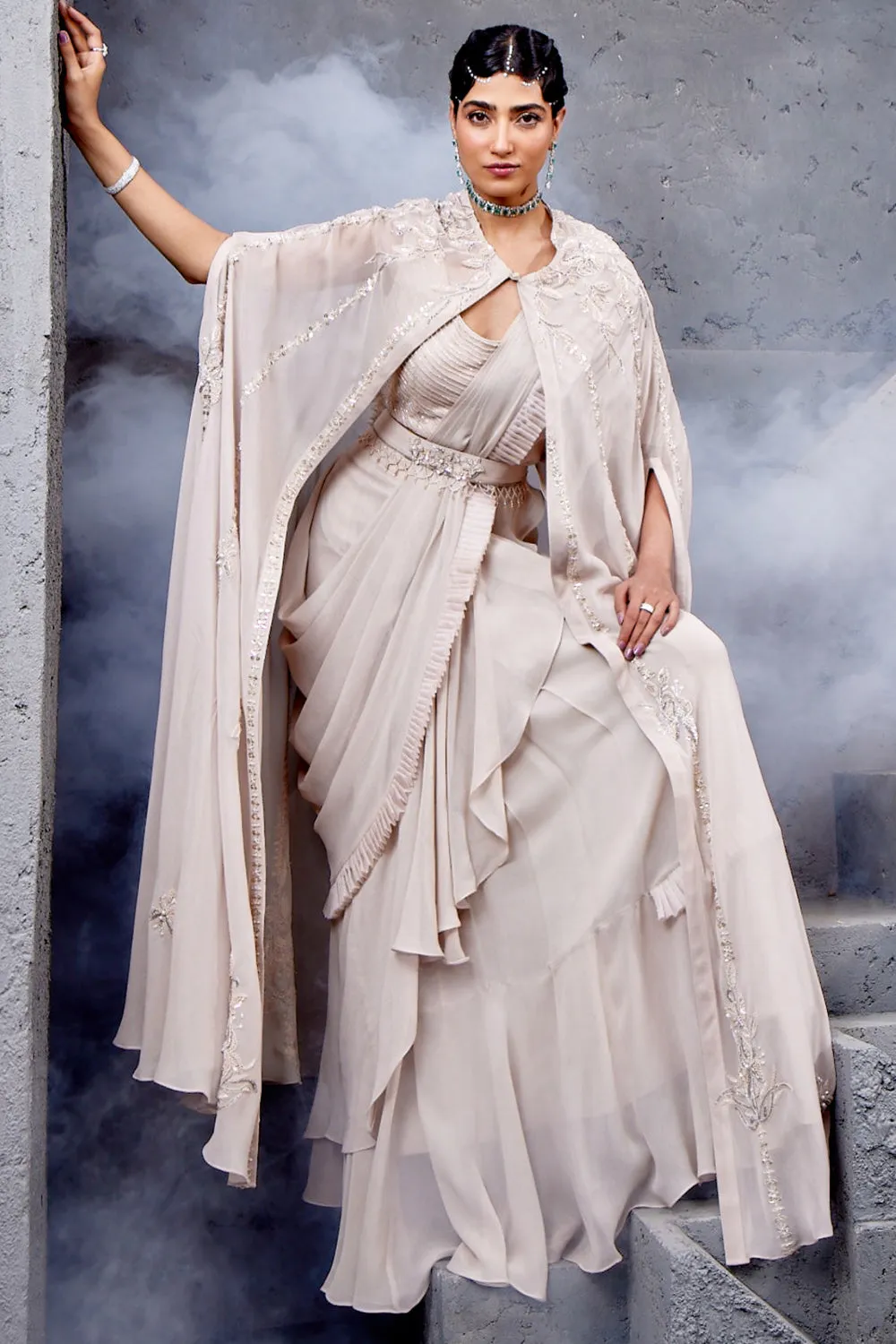 Draped Ruffle Saree with Cape