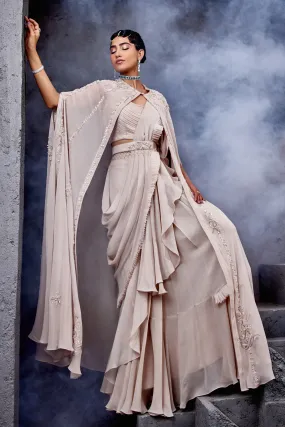 Draped Ruffle Saree with Cape