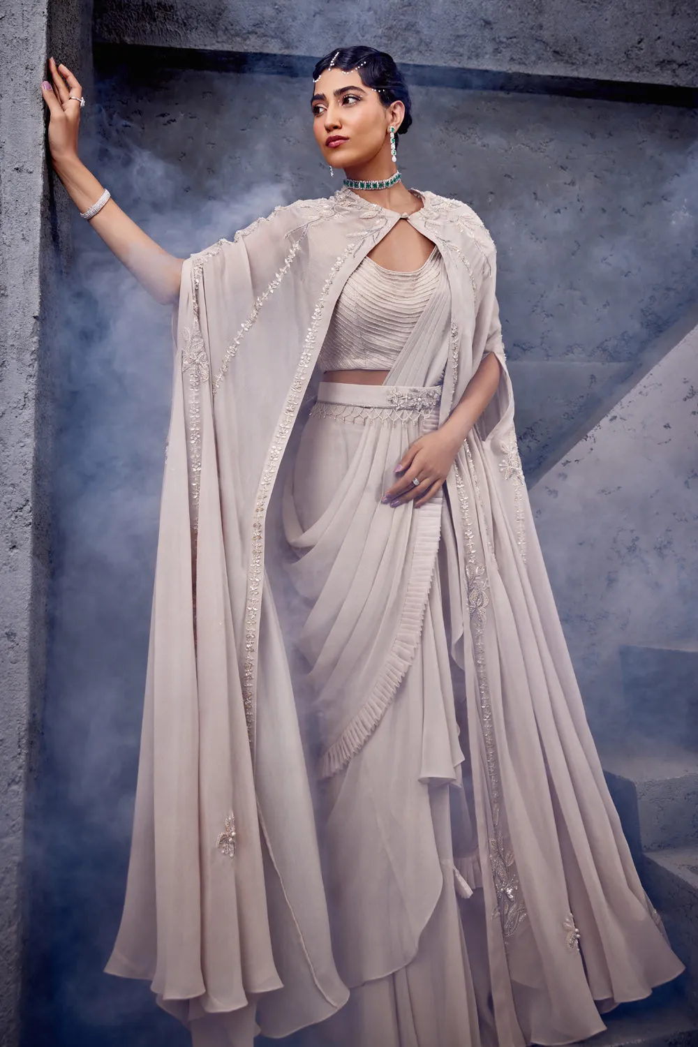 Draped Ruffle Saree with Cape