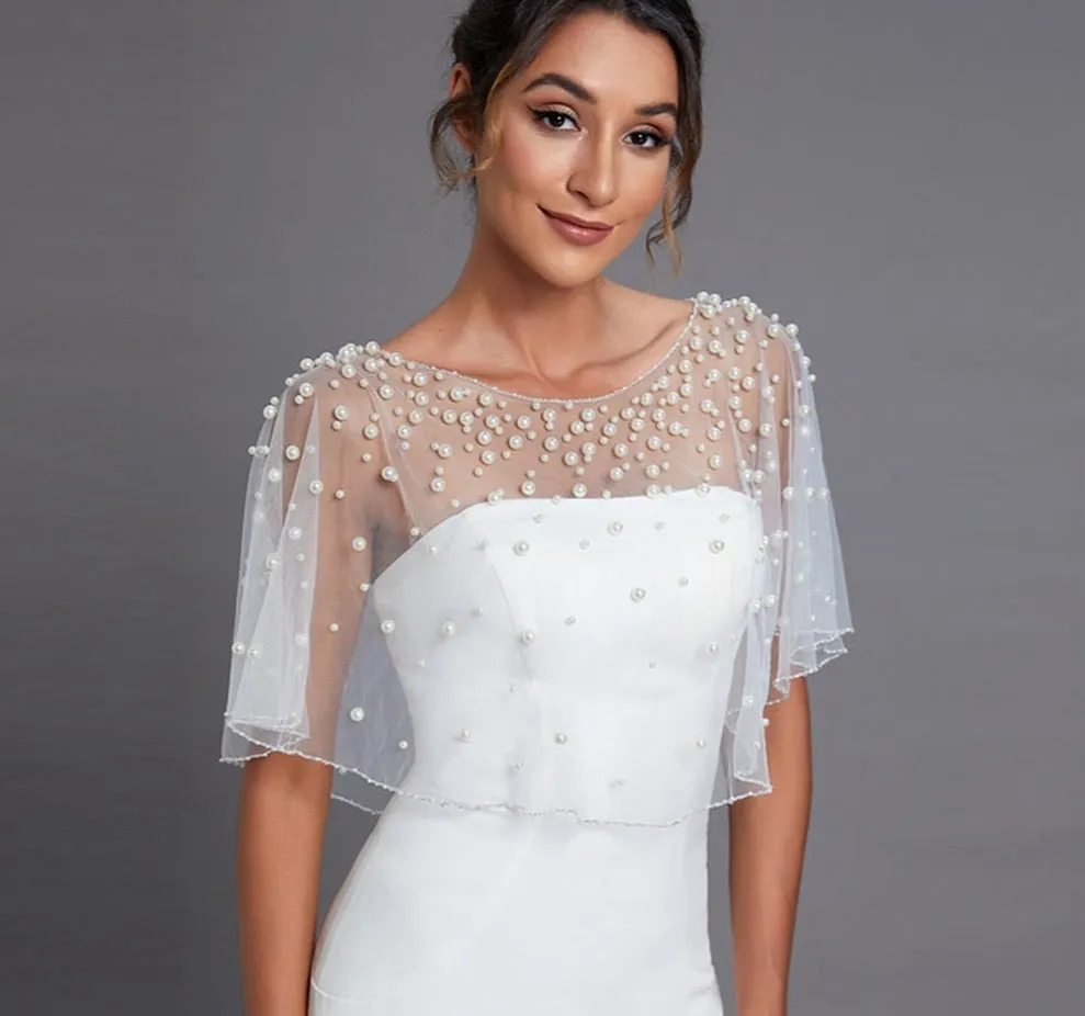 Elegant Wedding Bridal Pearl Beaded Openwork Jacket Bolero Transparent Cape