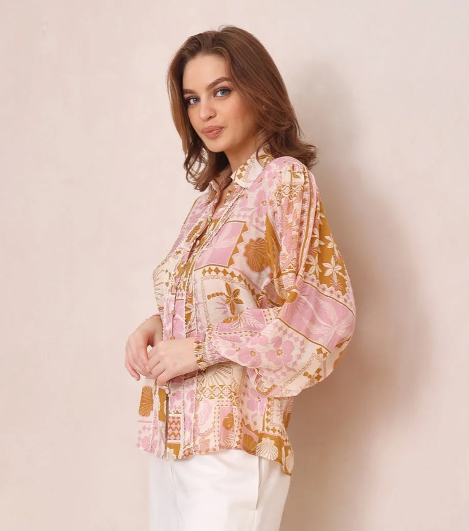 Elizabeth Pink/Tan Floral print Blouse