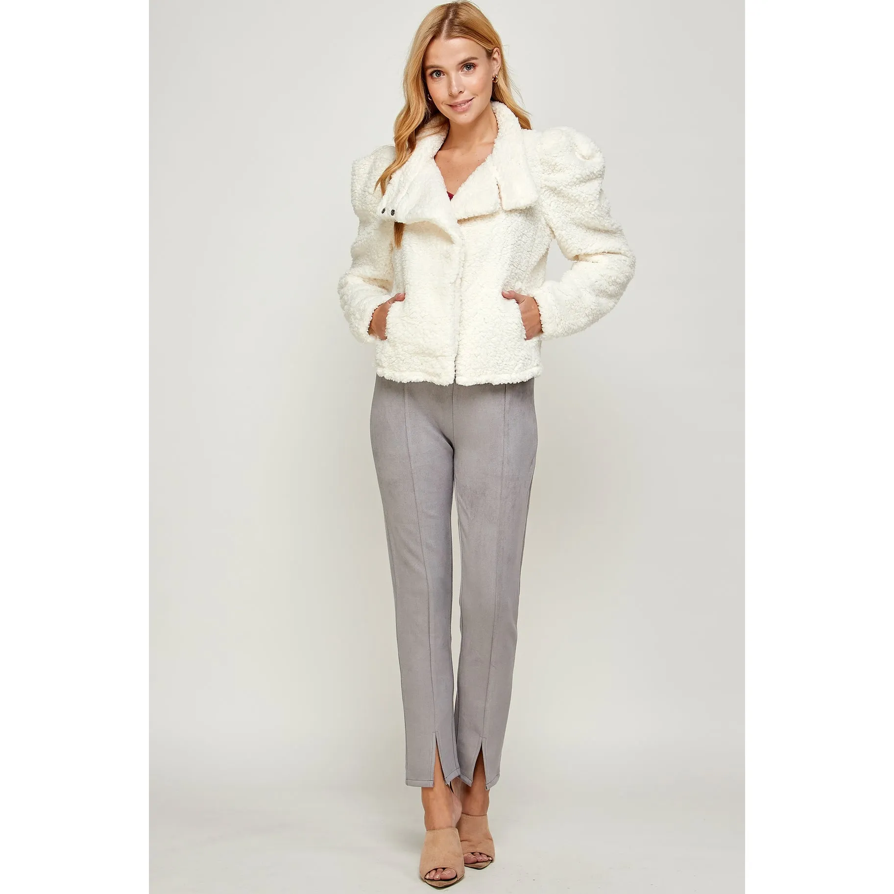 Ellison Ivory Puff Sleeve Teddy Bear Short Coat