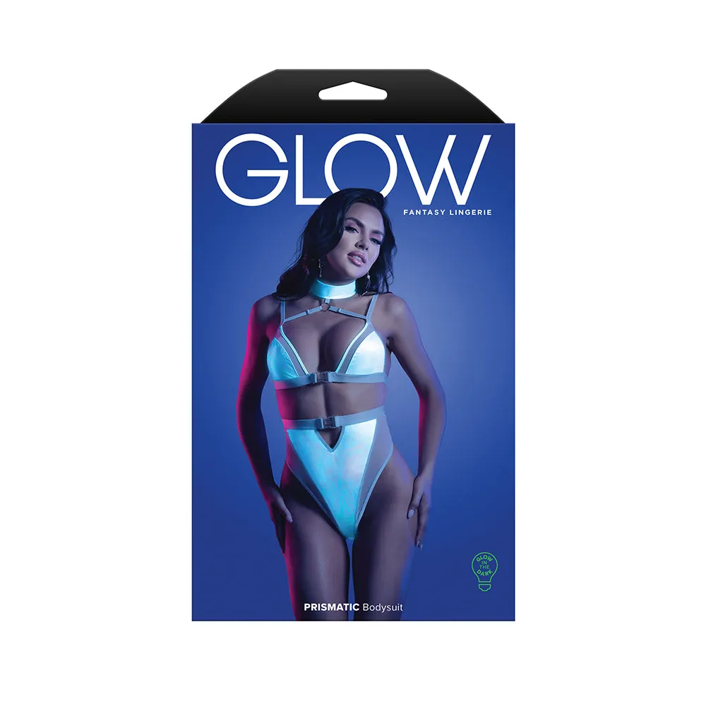 Fantasy Lingerie Glow Prismatic Iridescent Glow-in-the-Dark Cut-Out Harness Bodysuit S/M