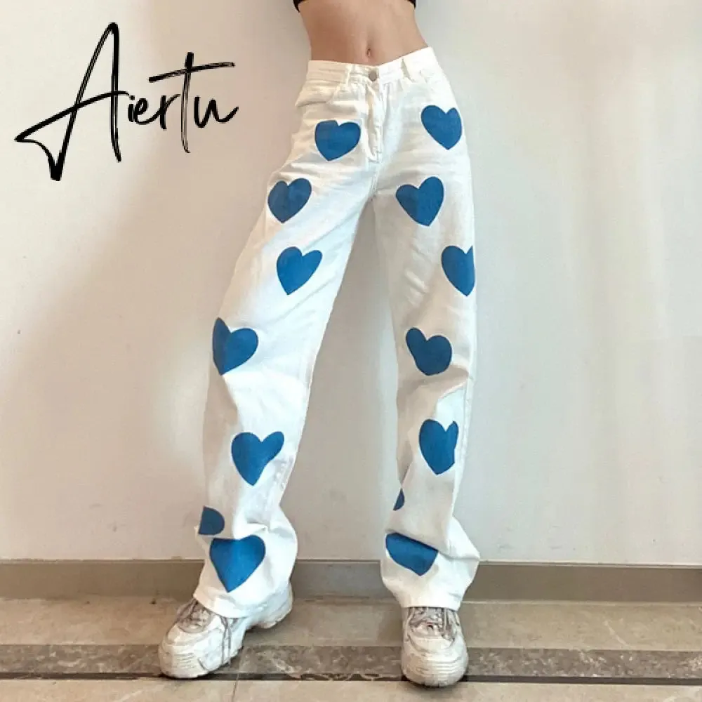Fashion love printed color  pants jeans contrast high waist straight leg jeans casual pants woman