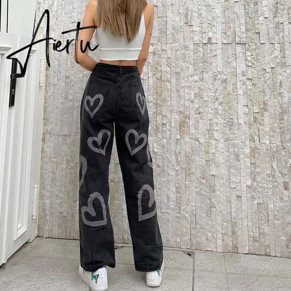 Fashion love printed color  pants jeans contrast high waist straight leg jeans casual pants woman
