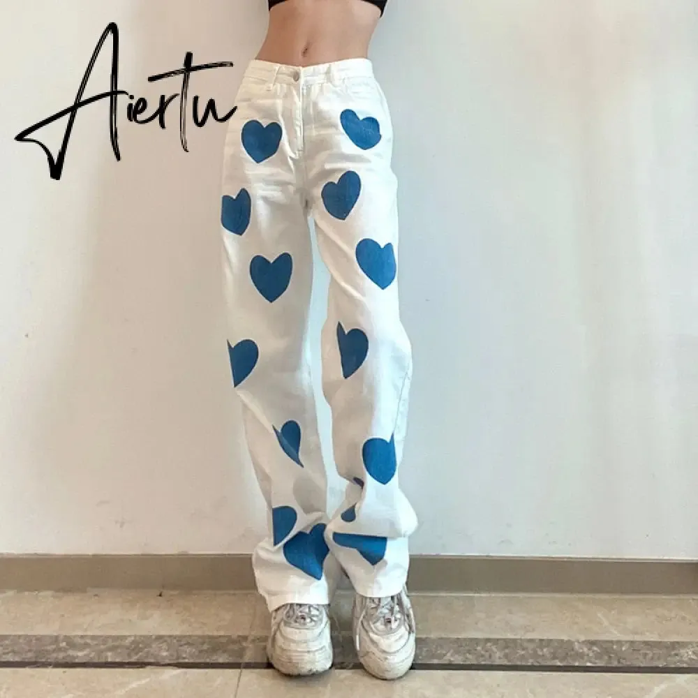 Fashion love printed color  pants jeans contrast high waist straight leg jeans casual pants woman