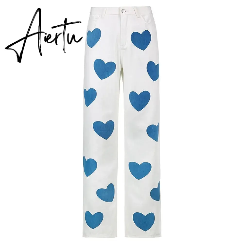 Fashion love printed color  pants jeans contrast high waist straight leg jeans casual pants woman
