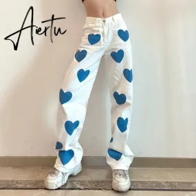 Fashion love printed color  pants jeans contrast high waist straight leg jeans casual pants woman