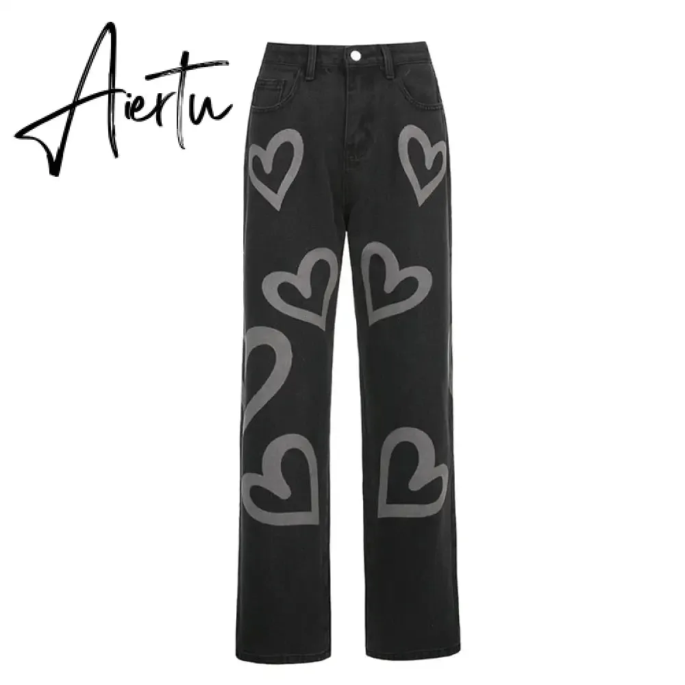 Fashion love printed color  pants jeans contrast high waist straight leg jeans casual pants woman