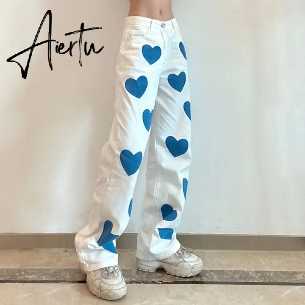 Fashion love printed color  pants jeans contrast high waist straight leg jeans casual pants woman