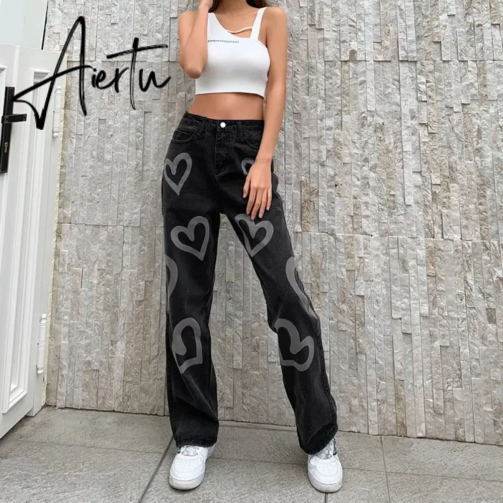Fashion love printed color  pants jeans contrast high waist straight leg jeans casual pants woman