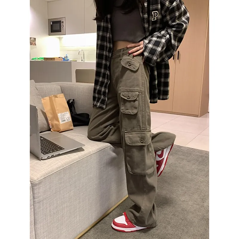 Fashionkova  Grey Women's Cargo Jeans High Waist Vintage Straight Baggy Denim Pants Streetwear American Style Fashion Wide Leg Denim Trouser