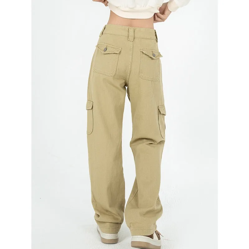 Fashionkova   Woman's Cargo Jeans High Waist Summer Wide Leg Denim Trouser Baggy Street Chic Design Ladies Khaki Vintage Straight Jean Pants