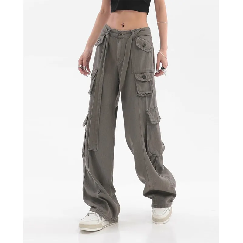 Fashionkova  Women's Cargo Jeans Vintage Street Multiple Pockets High Waist Casual Fashion Wide Leg Pants Baggy Ladies Denim Trouser Summer