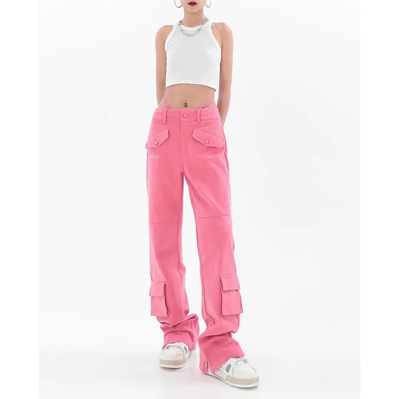 Fashionkova   Women's Pink Cargo Jeans Pocket Straight Vintage Streetwear High Waist Casual Fashion Baggy Wide Leg Slit Denim Trouser Ladies