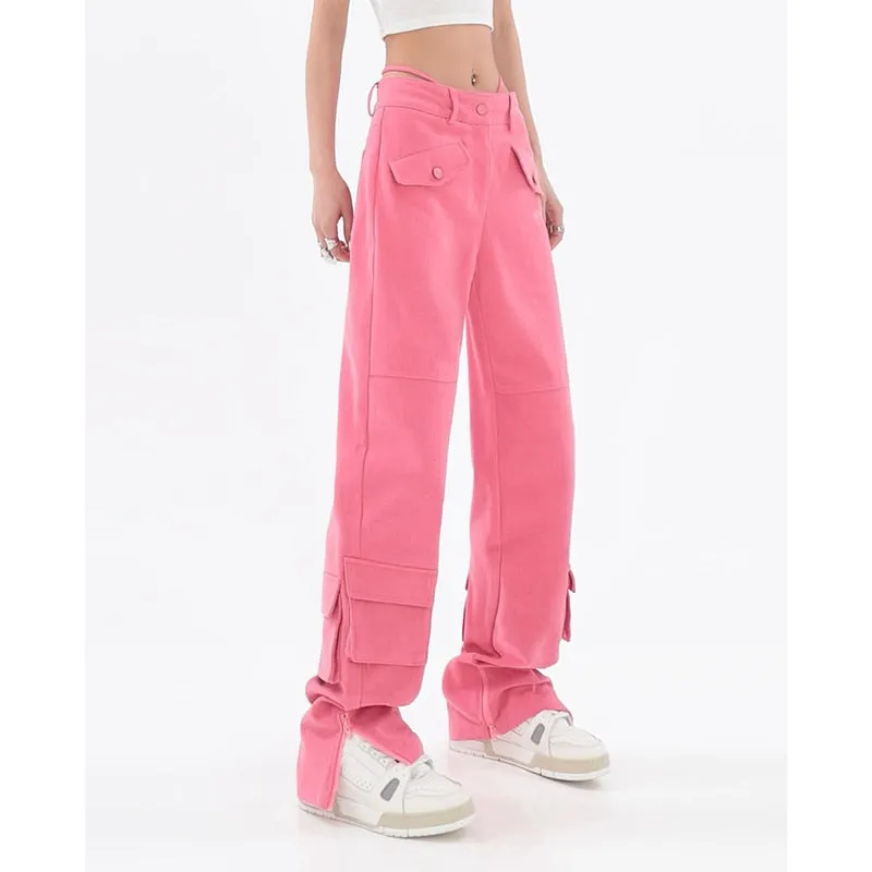 Fashionkova   Women's Pink Cargo Jeans Pocket Straight Vintage Streetwear High Waist Casual Fashion Baggy Wide Leg Slit Denim Trouser Ladies