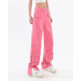 Fashionkova   Women's Pink Cargo Jeans Pocket Straight Vintage Streetwear High Waist Casual Fashion Baggy Wide Leg Slit Denim Trouser Ladies