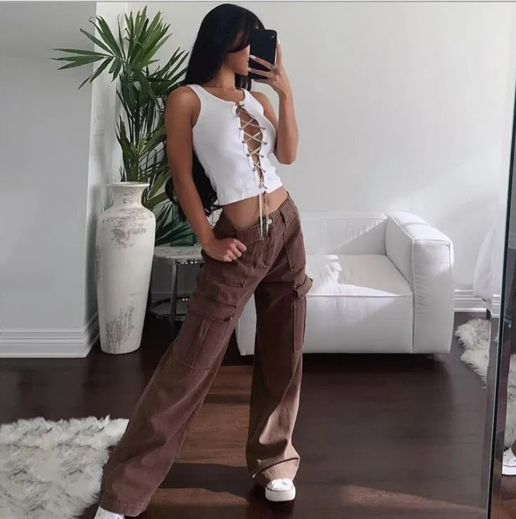 Fashionkova  Y2K Pockets Cargo Pants Women Oversize Baggy Pants Streetwear Harajuku Vintage Casual Loose Sweatpants Wide Leg Denim Trousers