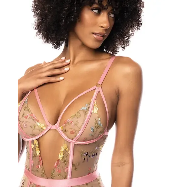 Floral Embroidered Teddy w/Underwire Cup & Garters Pink