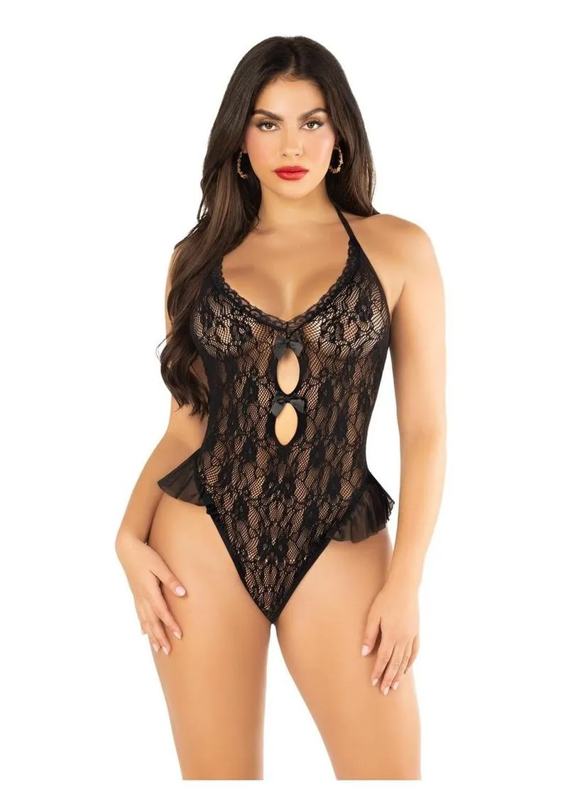Floral Lace Halter Bodysuit with Mini Bow and Flutter Accent