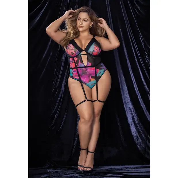 Flower Print Mesh Underwire Teddy W/detachable Garter Straps Multi Color