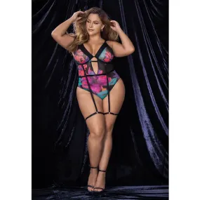 Flower Print Mesh Underwire Teddy W/detachable Garter Straps Multi Color
